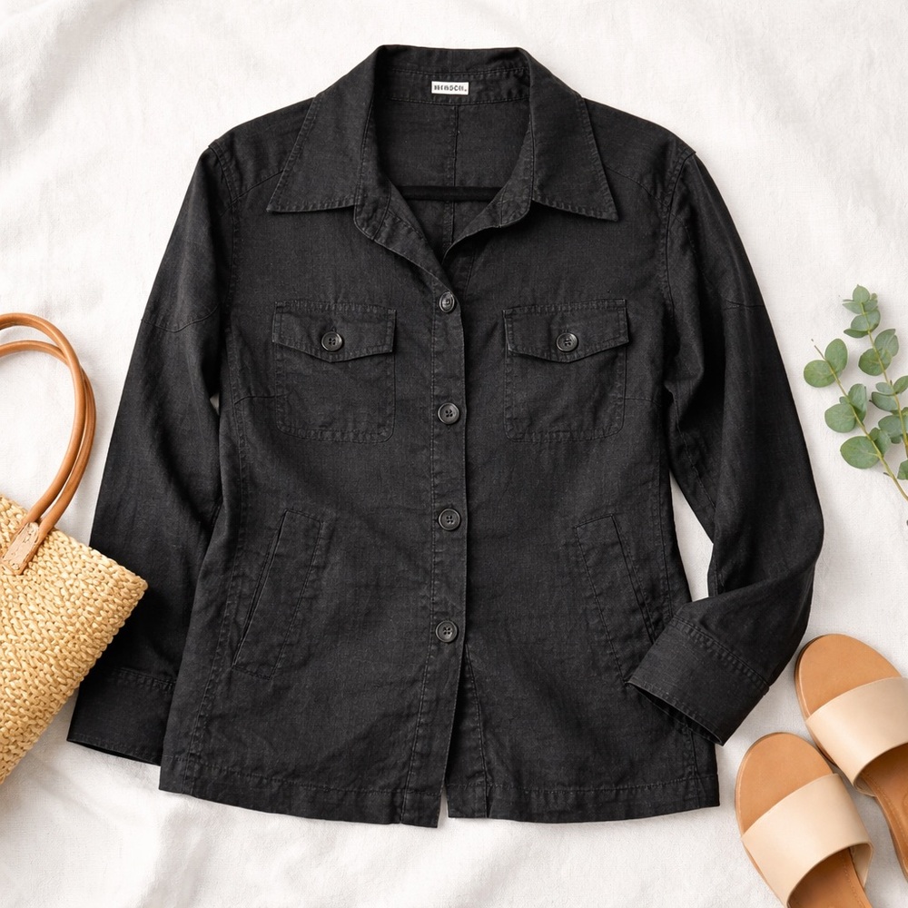 Hirsch Black Linen Utility Jacket Shirt Jacket EU 46 (US 10/12)